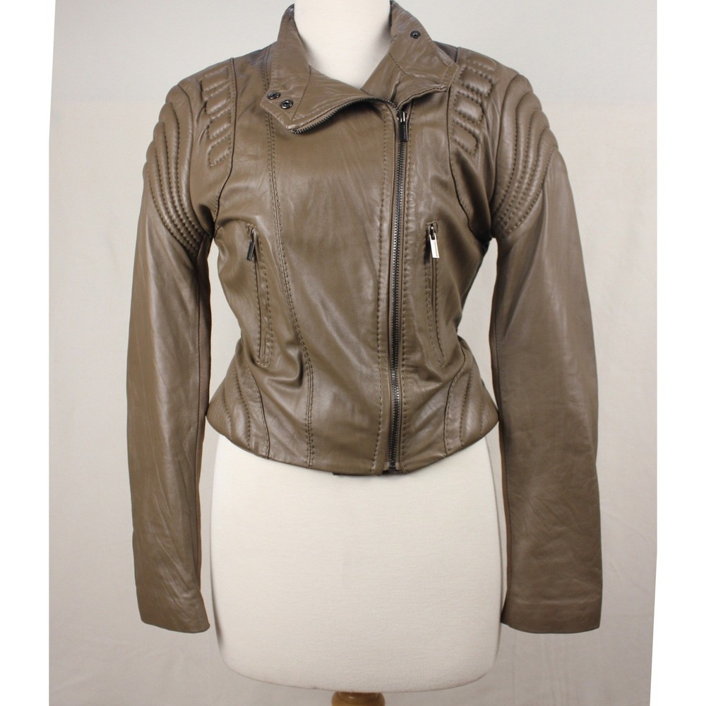 BCBG Max Azria Leather Moto Jacket Brown Quilted Panel Fitted Womens S‎